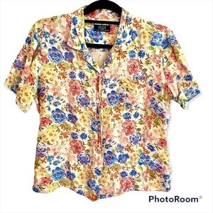 Crazy Horse Liz Claiborne Floral Linen Blouse Large Vintage